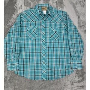 Vintage Wrangler Pearl Snap Shirt Mens XL Teal Aqua Plaid Western Cowboy 90s